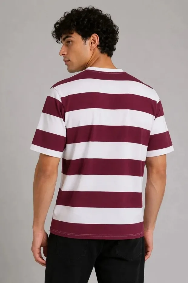Erkek Bordo Oversize Bisiklet Yaka Çizgili Kısa Kol Tişört 2