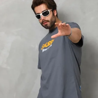 Tricou pentru bărbați, gri fumuriu, oversized, cu gât rotund, imprimat 2