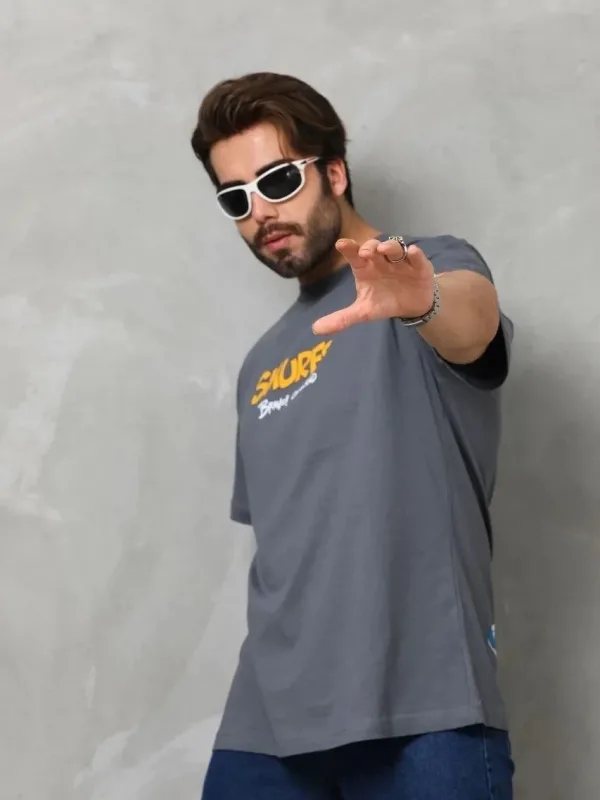 Tricou pentru bărbați, gri fumuriu, oversized, cu gât rotund, imprimat 2
