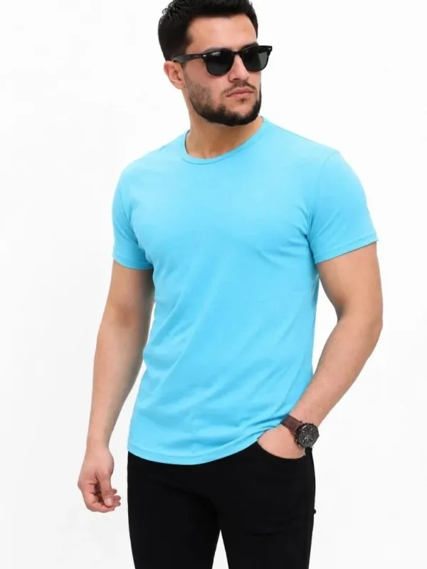 Erkek Açık Mavi Slim Bisiklet Yaka Kısa Kollu Basic Tişört