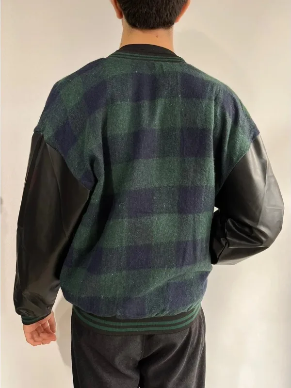 Men's Khaki Gingham Pattern Embroidered College Jacket 2