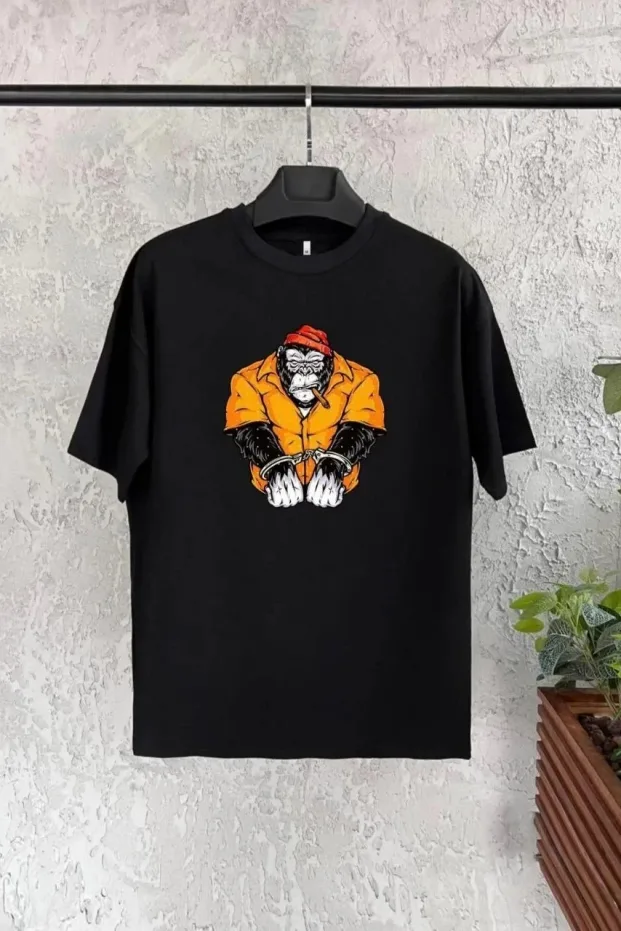 Çocuk Siyah Oversize Baskılı Bisiklet Yaka Tişört 1