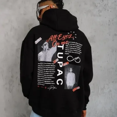 Muški crni oversize 3-niti pamučni s kapuljačom tiskani sweatshirt 5