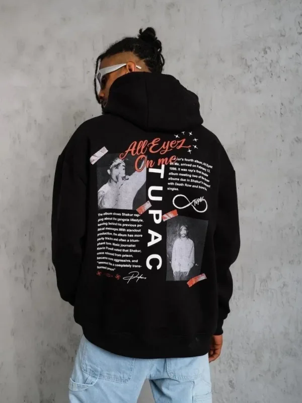 Muški crni oversize 3-niti pamučni s kapuljačom tiskani sweatshirt 5