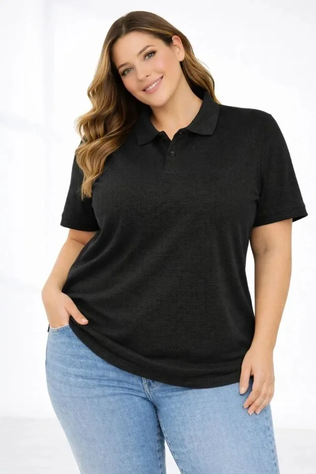 Women's Black Pique Fabric Polo Neck Plus Size T-Shirt 1