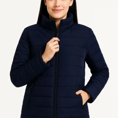 Women's Navy Waterproof Quilted Lined Zippered Pocket Bomber Jacket 6