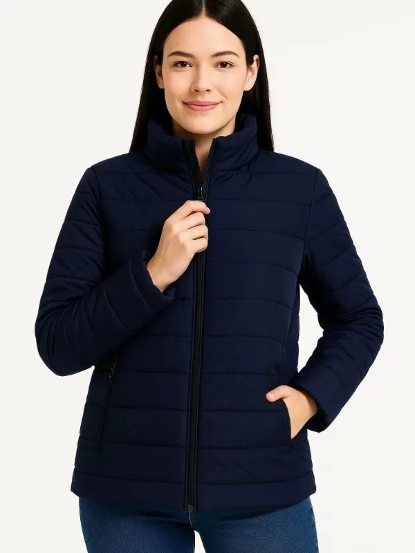 Women's Navy Waterproof Quilted Lined Zippered Pocket Bomber Jacket 6