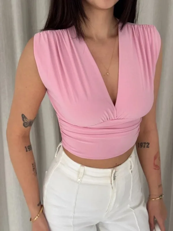Women's Pink Padded Sleeveless V-Neck Draped Stretchy Crop Blouse