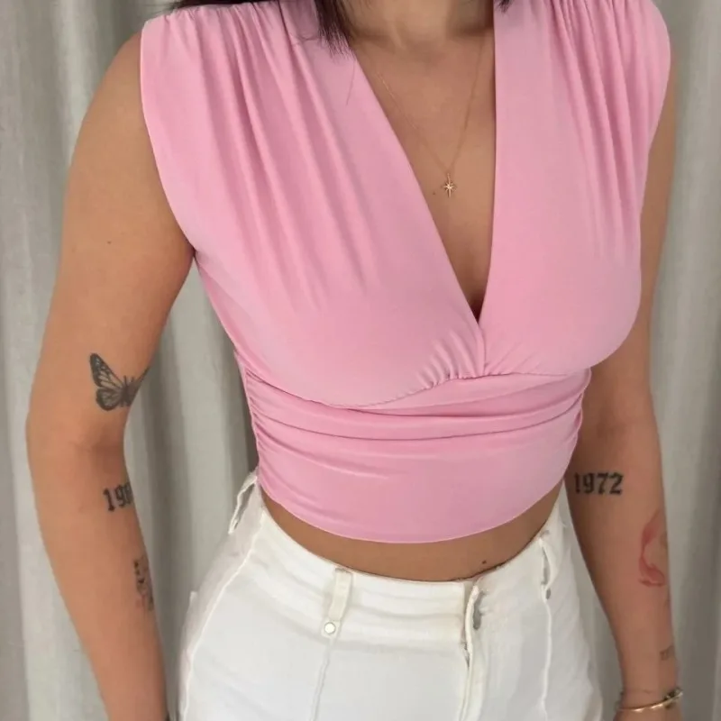 Women's Pink Padded Sleeveless V-Neck Draped Stretchy Crop Blouse
