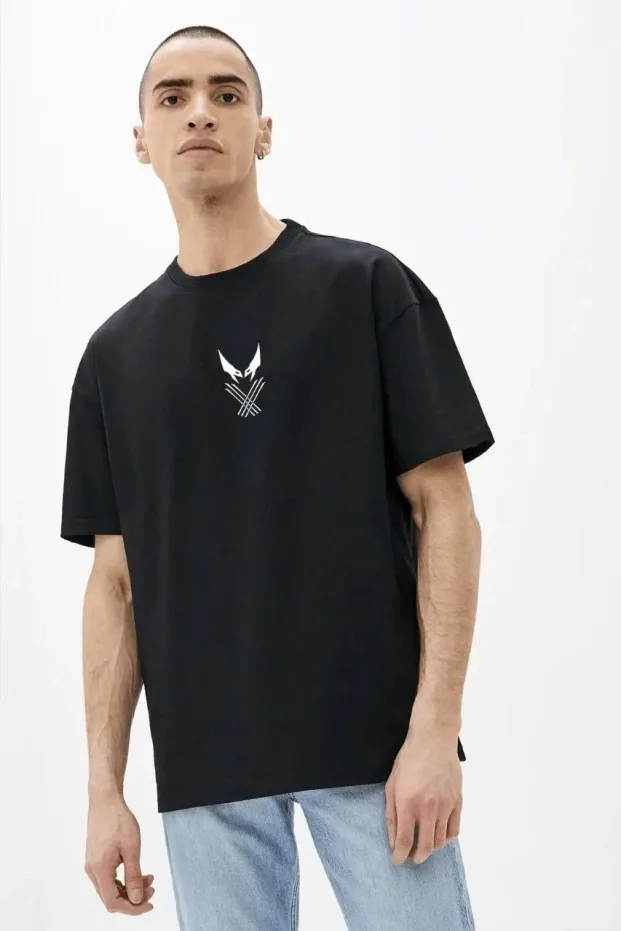 Erkek Siyah Oversize Bisiklet Yaka Baskılı Tişört 1