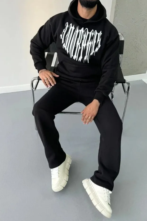 Férfi fekete 3 szálas pamut kapucnis nyomott sweatshirt 7
