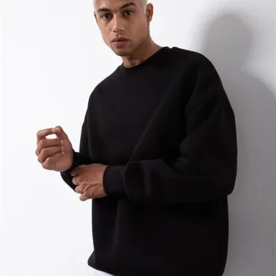Pánský černý cyklistický výstřih 3-nitný bavlněný sweatshirt 3