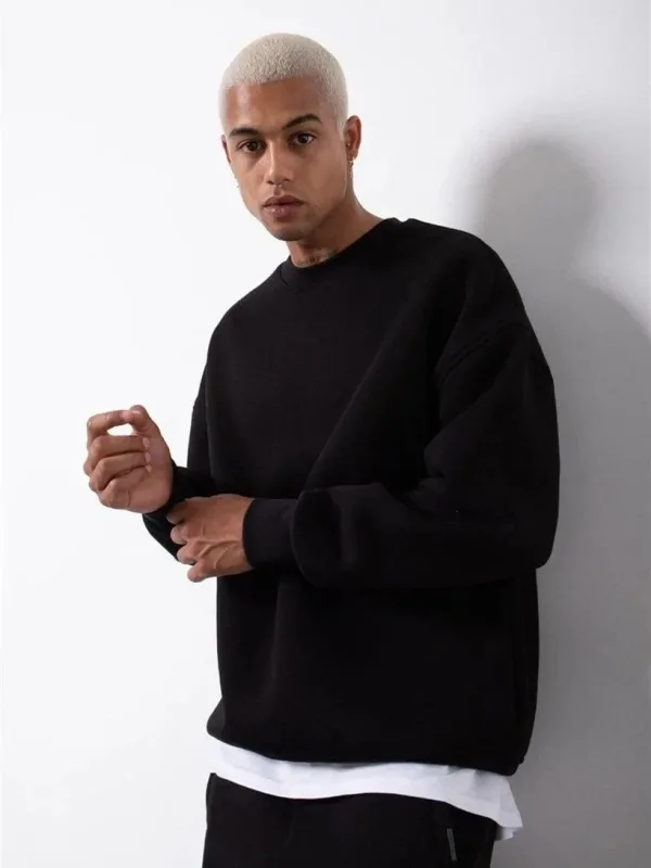 Pánský černý cyklistický výstřih 3-nitný bavlněný sweatshirt 3