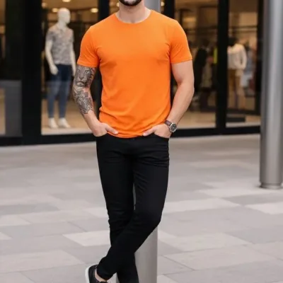 Pánské oranžové slim fit body s kulatým výstřihem, strečové 4