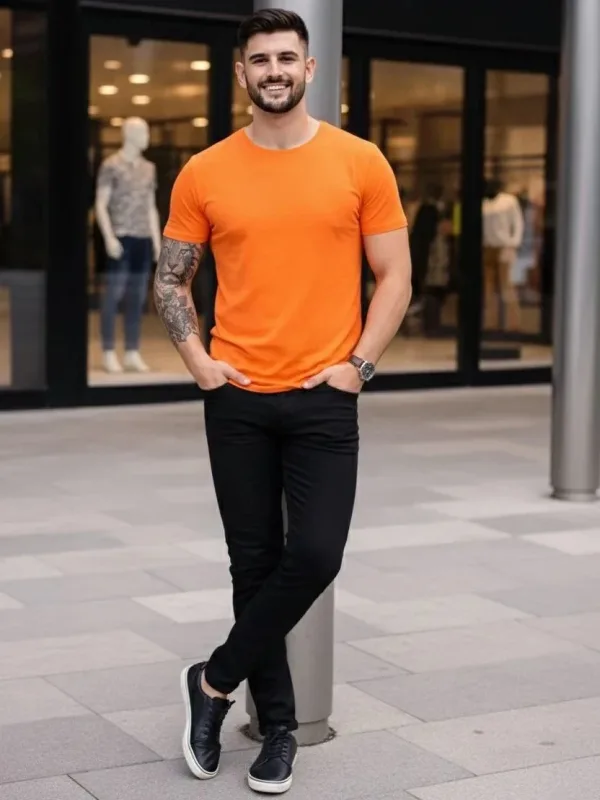 Pánské oranžové slim fit body s kulatým výstřihem, strečové 4