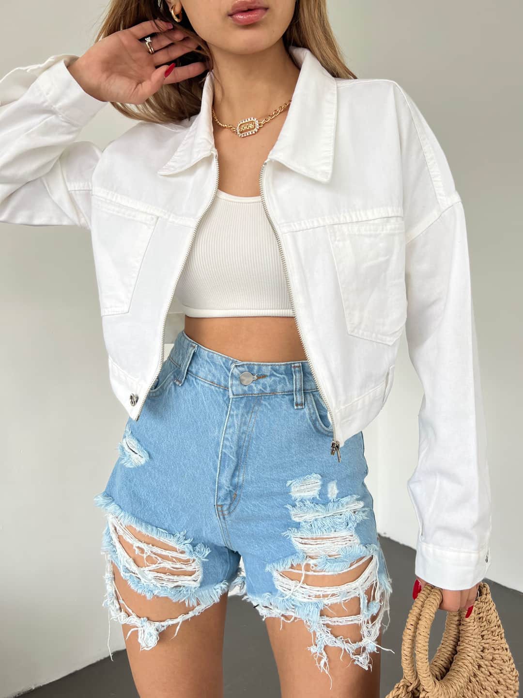 Zippered Double Pocket Denim Jacket White 3