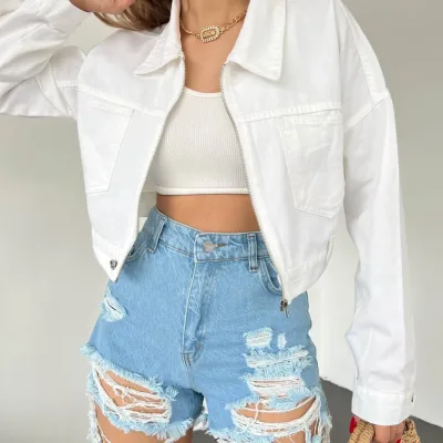 Zippered Double Pocket Denim Jacket White 3