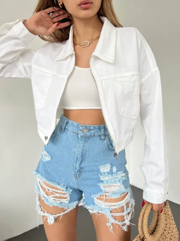 Zippered Double Pocket Denim Jacket White 3