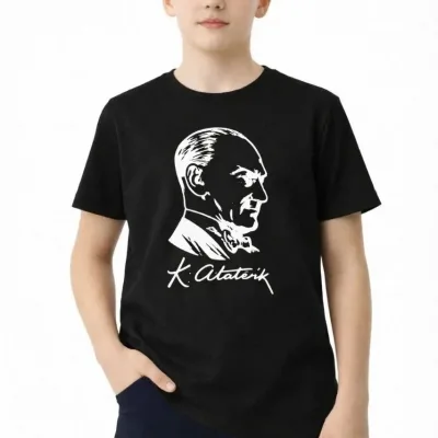 Cocuk Siyah Ataturk Baskili Bisiklet Yaka Tisort 3