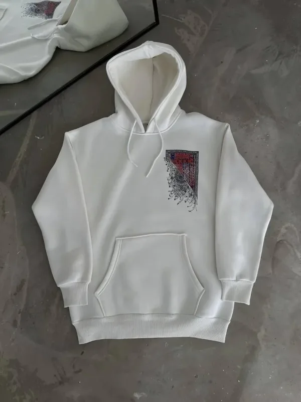 Mêr Spî 3 Têl Pembeyî Çapkirî Kapûşonî Kangurû Cêbî Sweatshirt 3