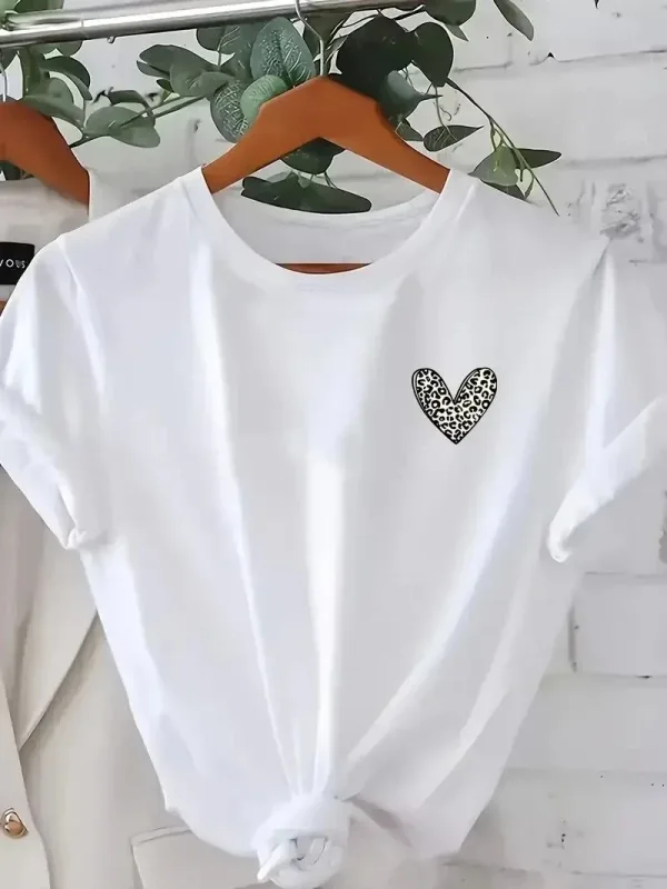 Ženska bijela oversize bicikli kragna srce štampana majica 2
