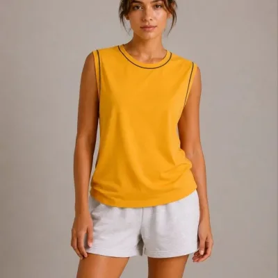 Women's Yellow Contrast Binding Scoop Neck Sleeveless Basic Tank Top 2