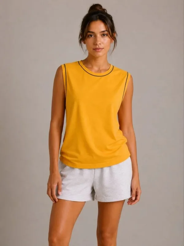 Women's Yellow Contrast Binding Scoop Neck Sleeveless Basic Tank Top 2