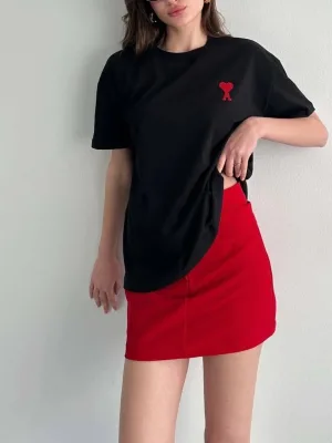 Női fekete oversized biciklinyakas nyomott rövid ujjú póló