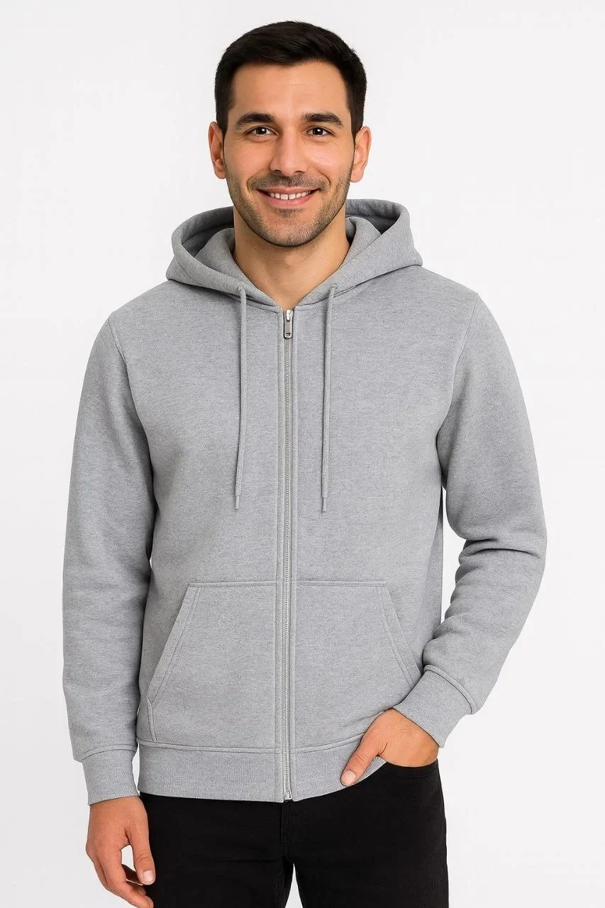 Bărbat Gri 3 Fire Bumbac Fermoar Complet Glugă Buzunare Hoodie