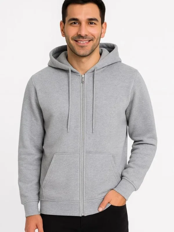 Bărbat Gri 3 Fire Bumbac Fermoar Complet Glugă Buzunare Hoodie 1