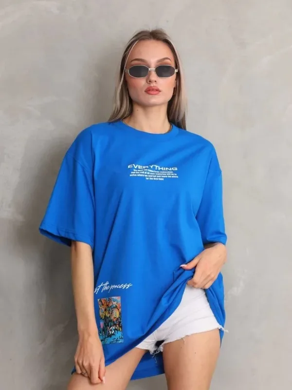 Женски Син Oversize Бициклета Јака Печатена Маица 1