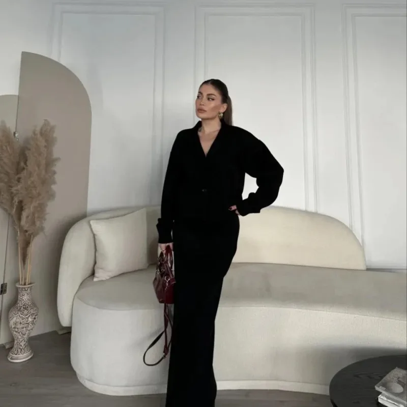 Women's Black V-Neck 3-Button Knit Cardigan and Skirt Set