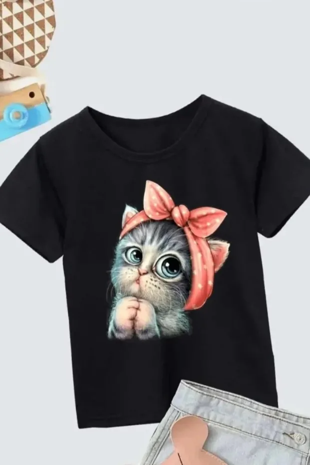 Çocuk Siyah Oversize Yuvarlak Yaka Baskılı Tişört 2