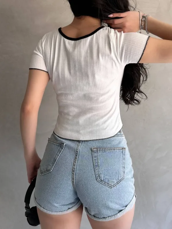 Pool Neck Binding Detail Crop Blouse White 2