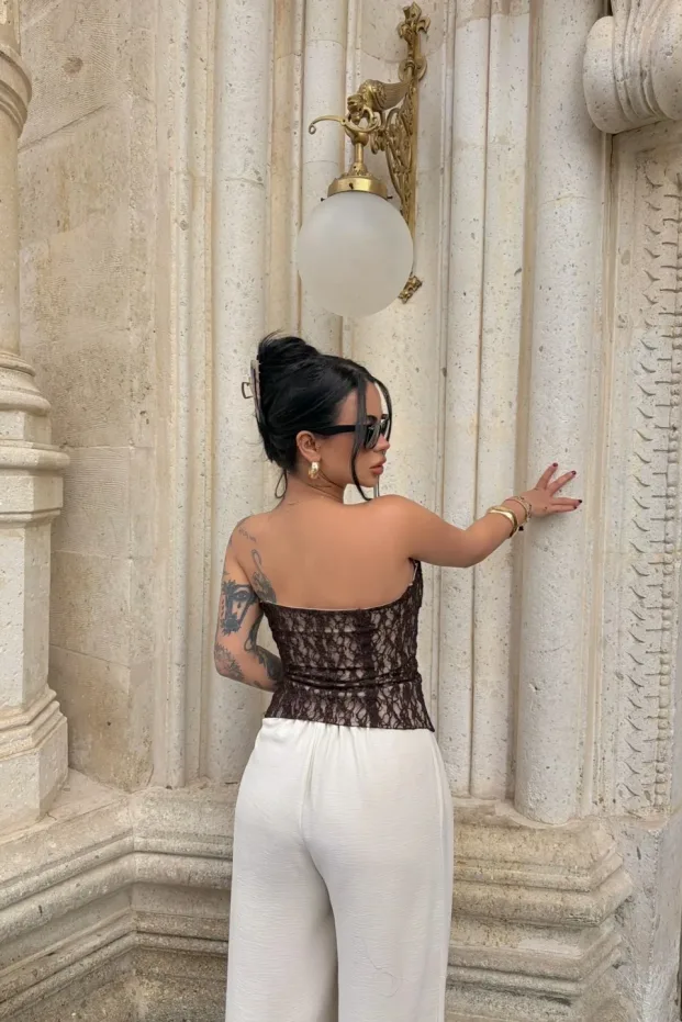 Kadın Kahverengi Transparan Dantel Korse Straplez Crop Top 4