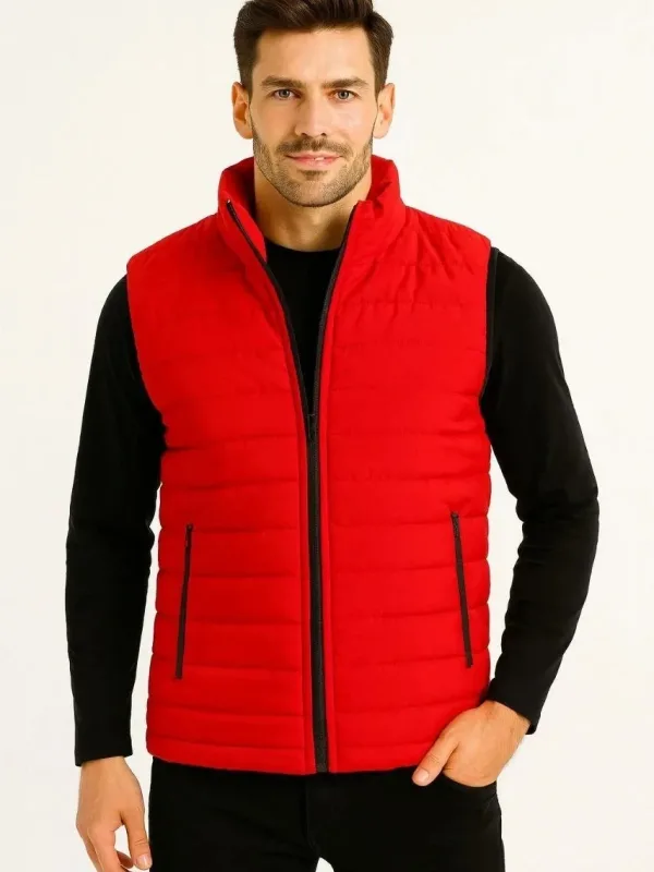 Men's Red Water-Repellent Puffer Zippered Quilted Vest with Pockets 2
