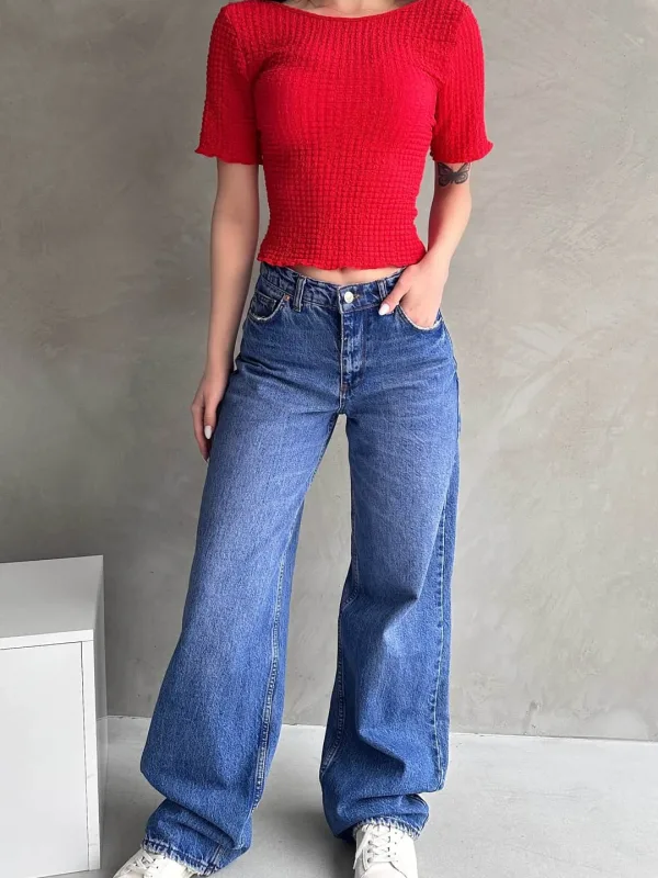Backless Basic Waffle Blouse Red 5