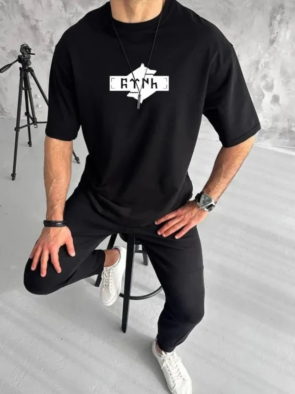 Ανδρικό Μαύρο Oversize Ποδηλατόλαιμο Τυπωμένο Καλοκαιρινό Μπλουζάκι 1
