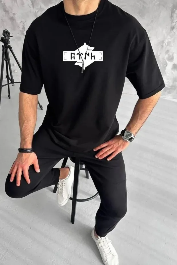 Ανδρικό Μαύρο Oversize Ποδηλατόλαιμο Τυπωμένο Καλοκαιρινό Μπλουζάκι 1