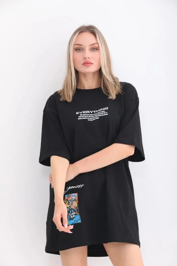 Femeie Neagră Oversize Guler Bicicletă Tricou Imprimat 4