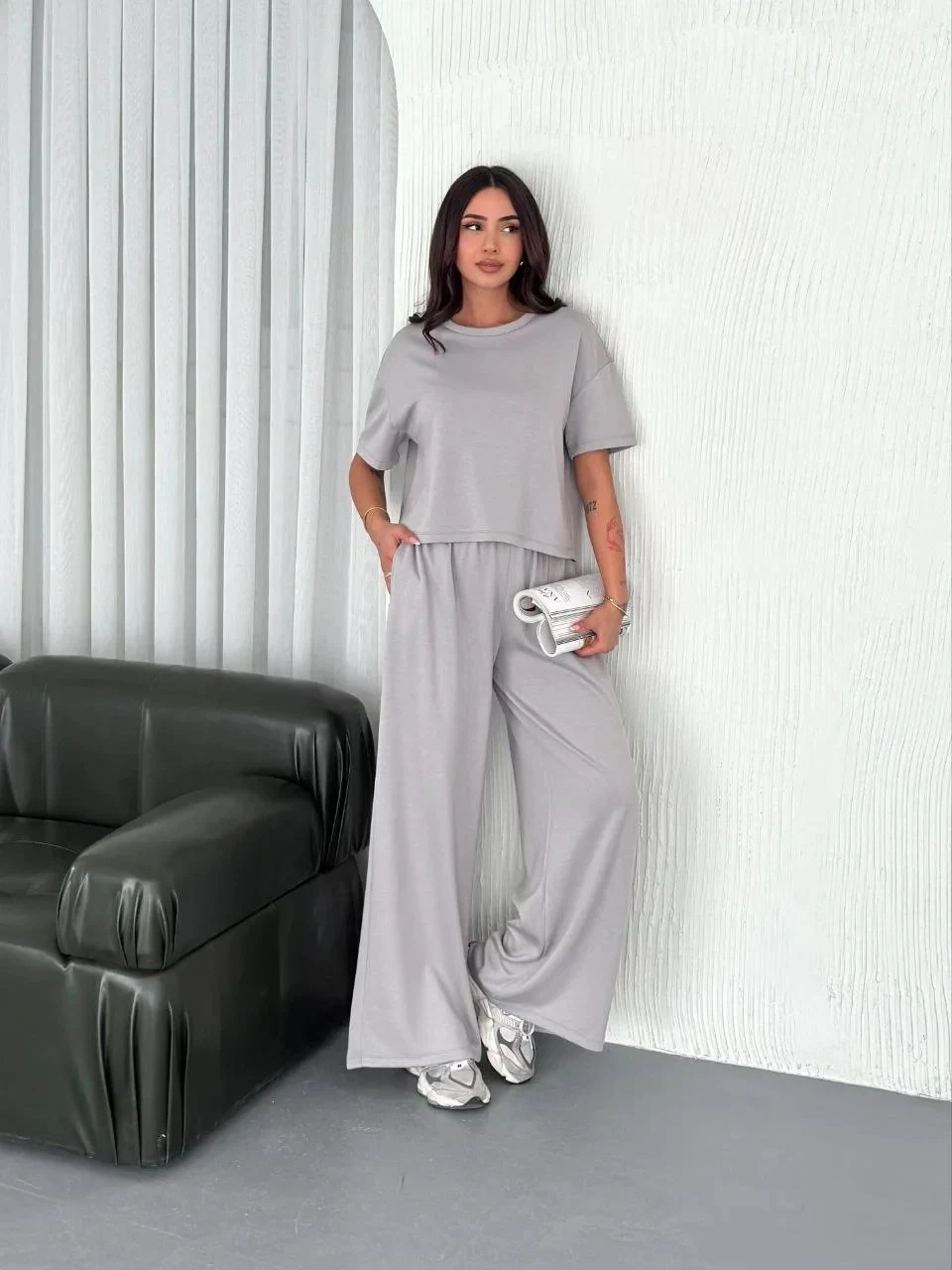 Femeie Gri Oversize Guler Bicicleta Imprimat Set