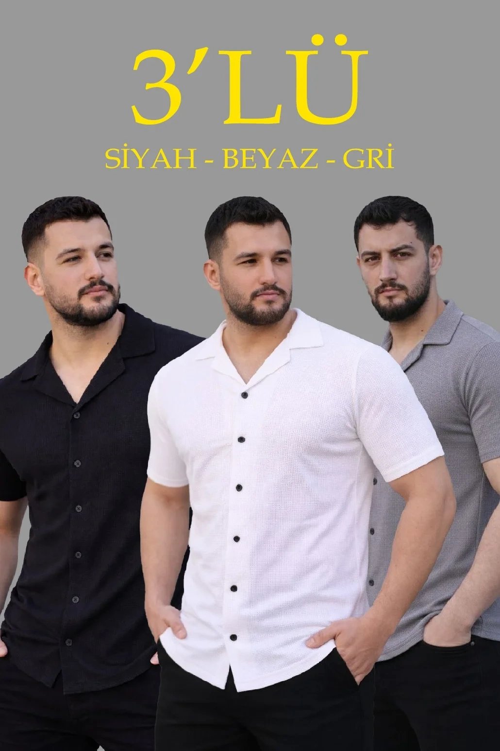 Erkek 3'lü Set Waffle Kumaş Yakalı Kısa Kol Düğmeli Gömlek