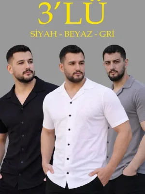 Ανδρικό Σετ 3 Τεμαχίων Πουκάμισα με Waffle Ύφασμα, Γιακά, Κοντά Μανίκια και Κουμπιά