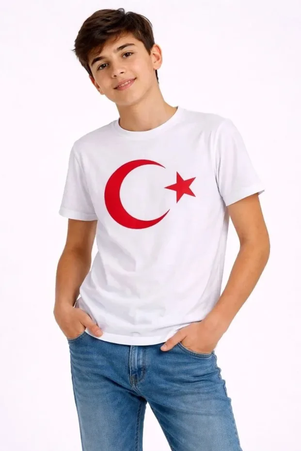 Boys White Crew Neck Moon Star Flag Printed T-Shirt 1