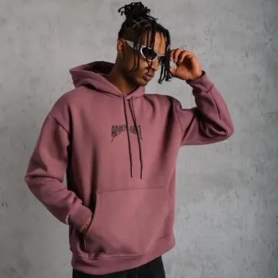Men's Dusty Rose 3-Thread Cotton Printed Hooded Sweatshirt with Pockets 2