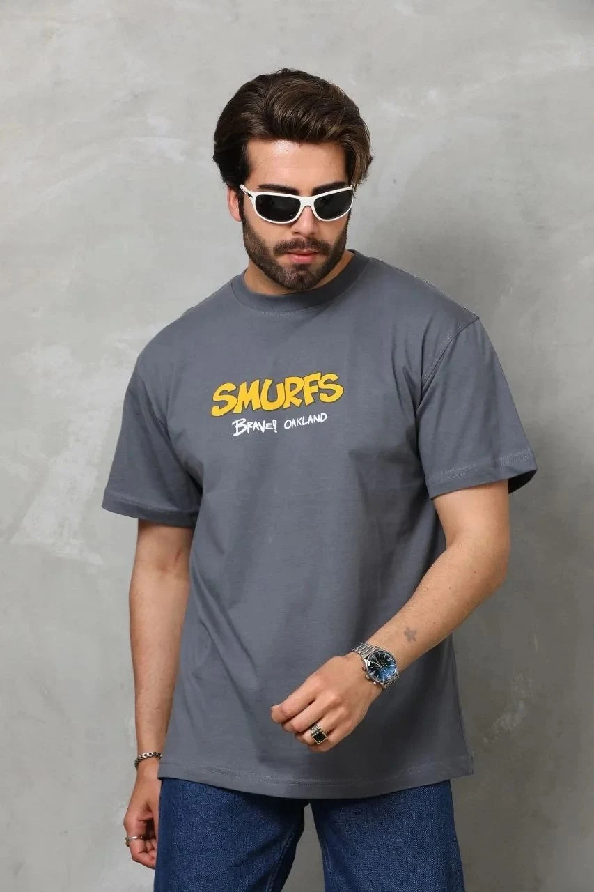 Tricou pentru bărbați, gri fumuriu, oversized, cu gât rotund, imprimat
