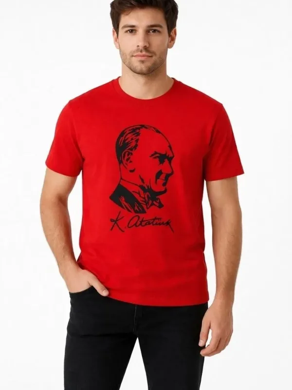 Muška crvena biciklistička kragna Atatürk print majica