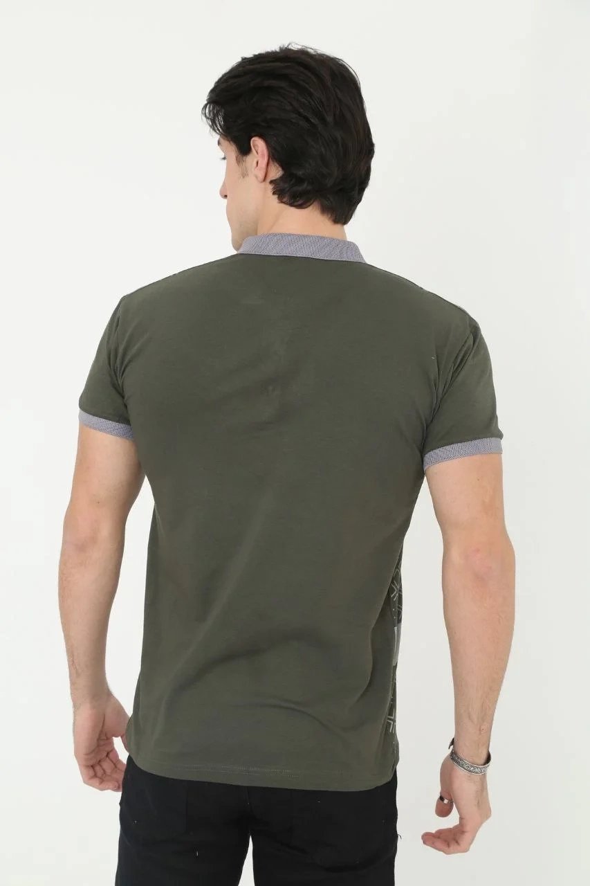 Pánske kaki slim fit polo tričko s potlačou, krátky rukáv 2