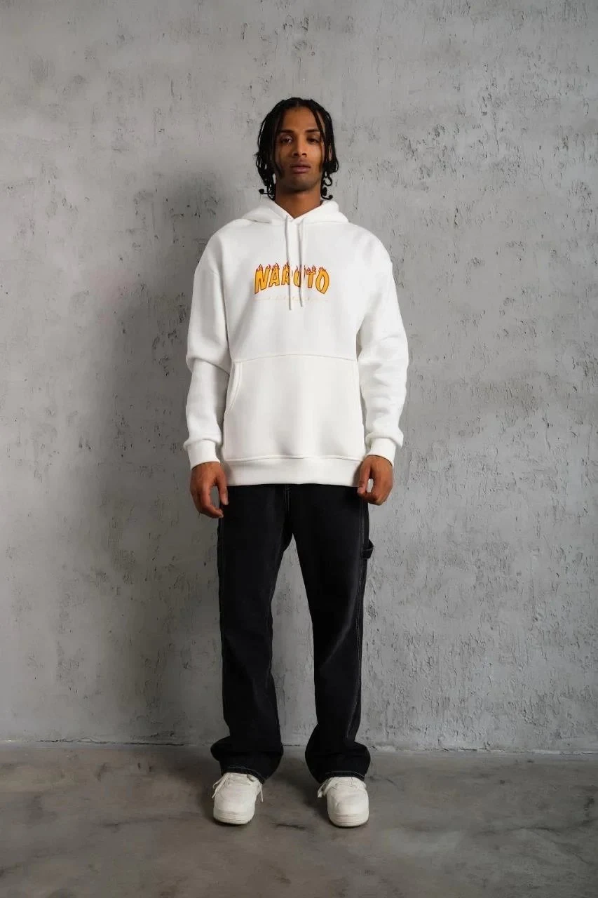 Men's White Printed 3-Thread Cotton Hooded Sweatshirt