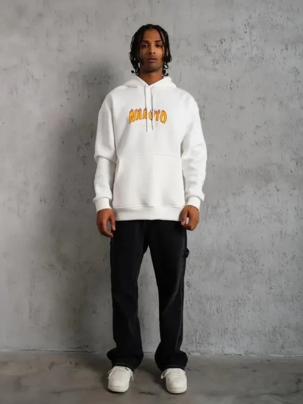 Men's White Printed 3-Thread Cotton Hooded Sweatshirt 1